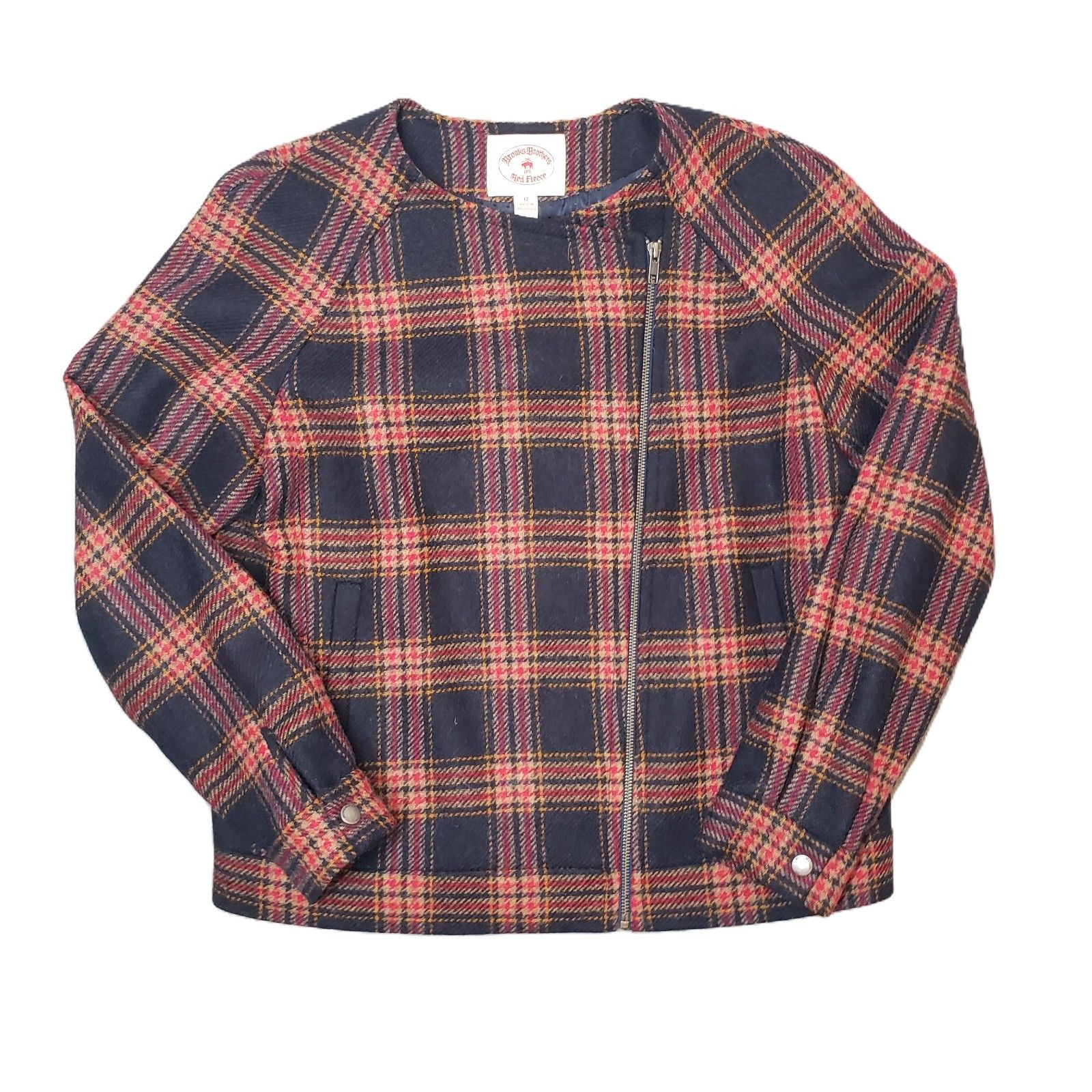 Brooks Brothers Red Fleece Womens Plaid Wool Jacket Asymmetrical Zip Size 12